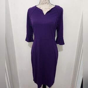 Woosunze Purple Midi Sheath Office Dress W Flounce Sleeves. Size Large. Fitted.